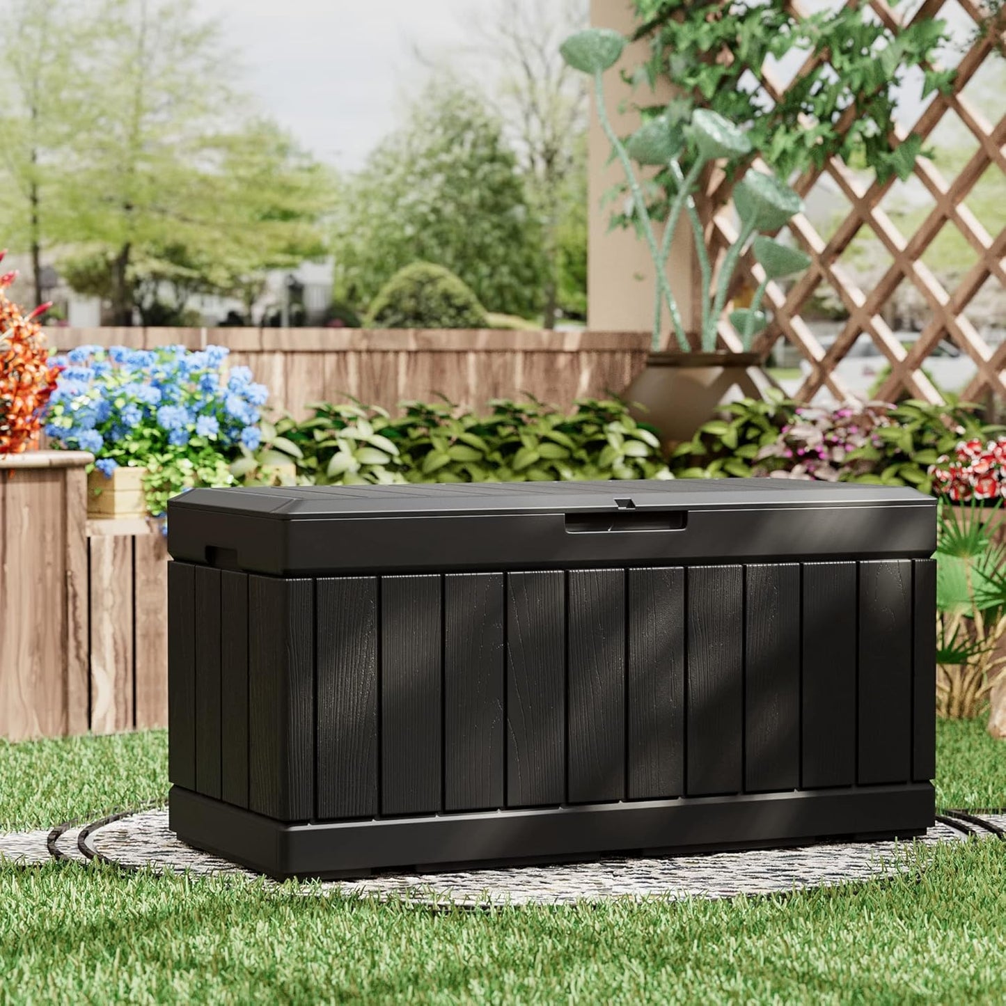 Greesum 110 Gallon Outdoor Storage Box with Lockable Lid, All-Weather for Patio Furniture, Pool Supplies & Garden Tools, Waterproof, UV-Resistant Large Deck Box, Dark Black