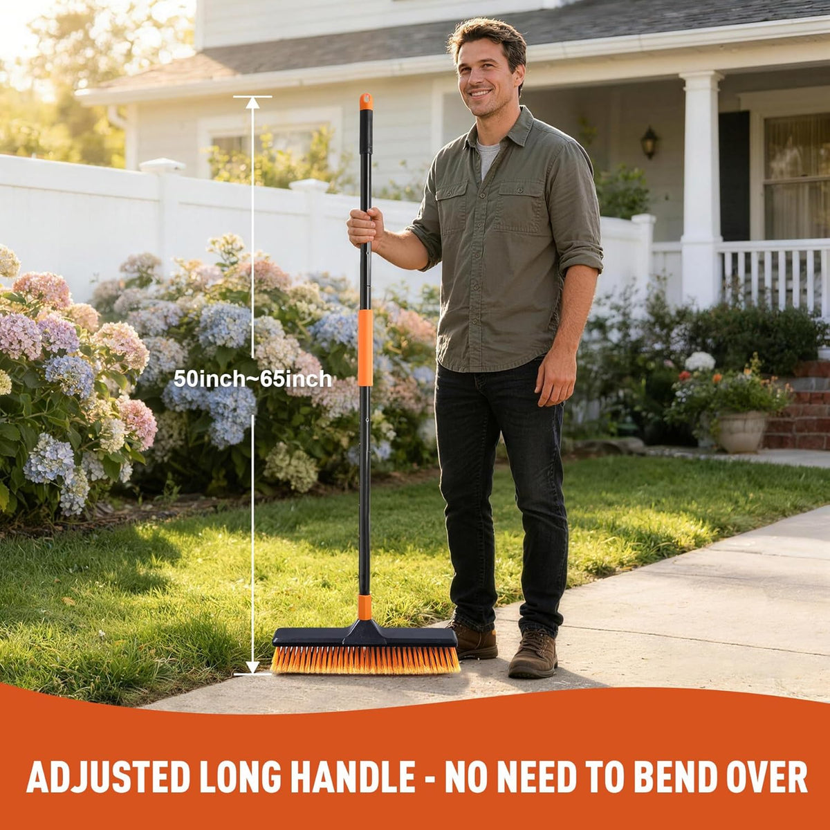 CLEANHOME 18" Push Broom Outdoor Heavy Duty for Garages,Driveways and Decks | With Extendable Long Handle, Stiff Bristle Broom, Industrial,Wide