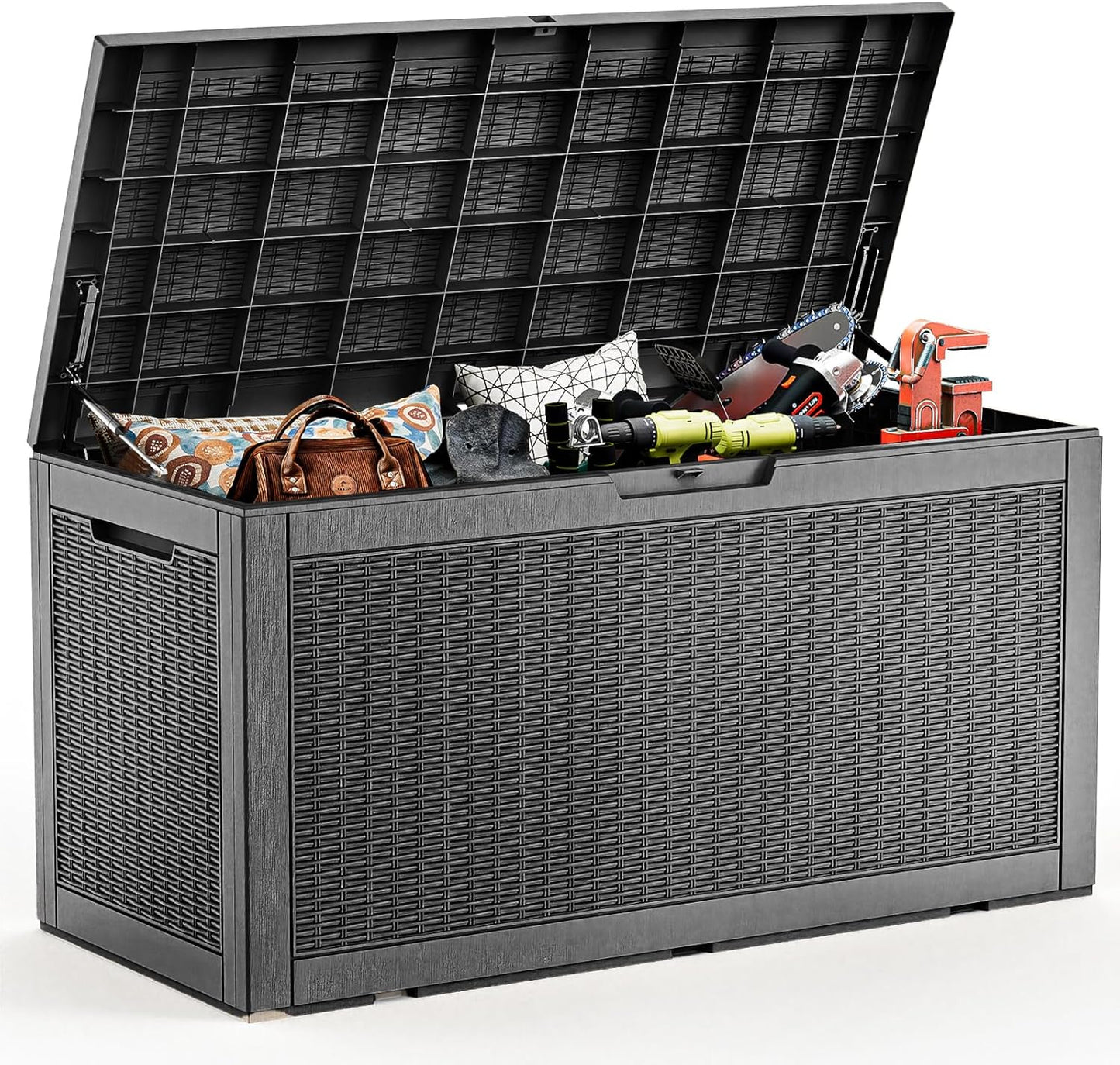 ROJIK 340 Gallon Deck Box Outdoor Waterproof,Weatherproof Outdoor Storage Boxes Lockable with Lid,Outside Resin Storage Bench for Patio Cushions,Garden Tools and Pool Accessories(Black)
