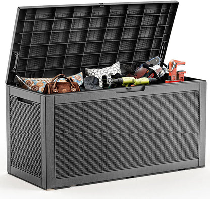 ROJIK 340 Gallon Deck Box Outdoor Waterproof,Weatherproof Outdoor Storage Boxes Lockable with Lid,Outside Resin Storage Bench for Patio Cushions,Garden Tools and Pool Accessories(Black)