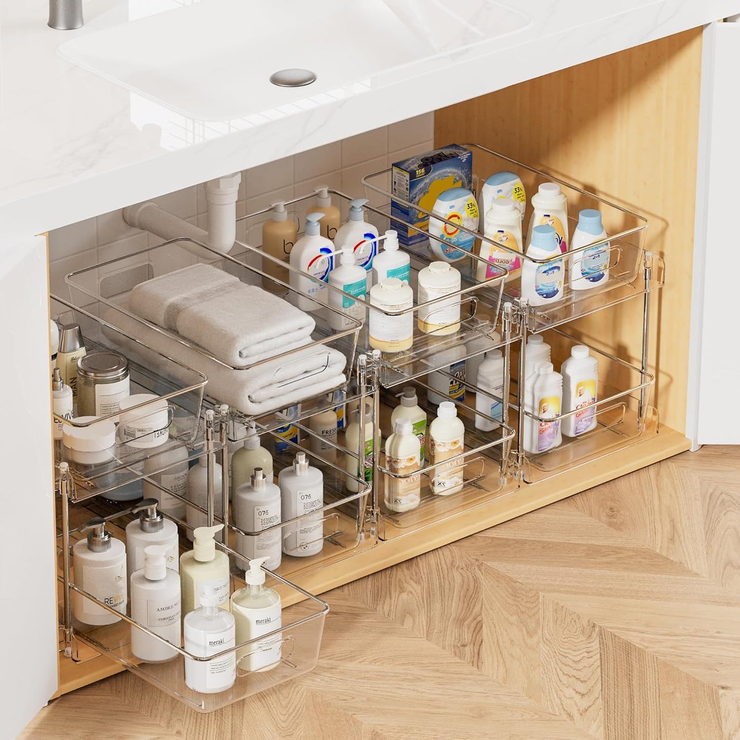 Vtopmart 2 Tier Bathroom Storage Organizer, 2 Pack Clear Under Sink Organizers Vanity Counter Container, Cabinet Drawers Bins, Pull-Out Organization with Track for Pantry, Kitchen