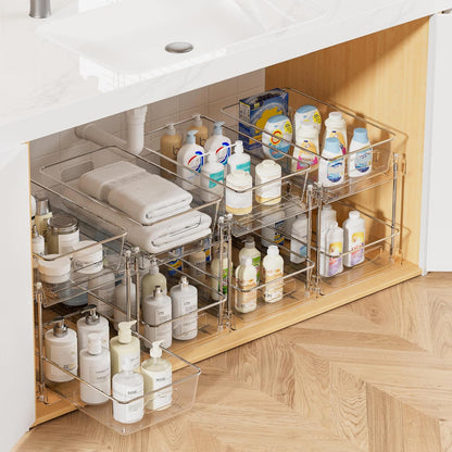 Vtopmart 2 Tier Bathroom Storage Organizer, 2 Pack Clear Under Sink Organizers Vanity Counter Container, Cabinet Drawers Bins, Pull-Out Organization with Track for Pantry, Kitchen