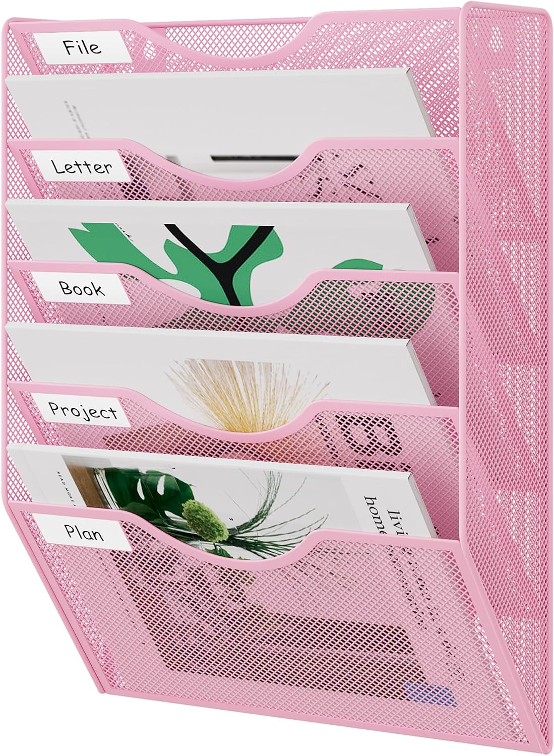 EasyPAG 5 Pocket Mesh Wall File Organizer with Key Hooks, Hanging Paper Folder Holder with Classify Label, Vertical Wall Mount Mail Organizer for Office Home Classroom, Black