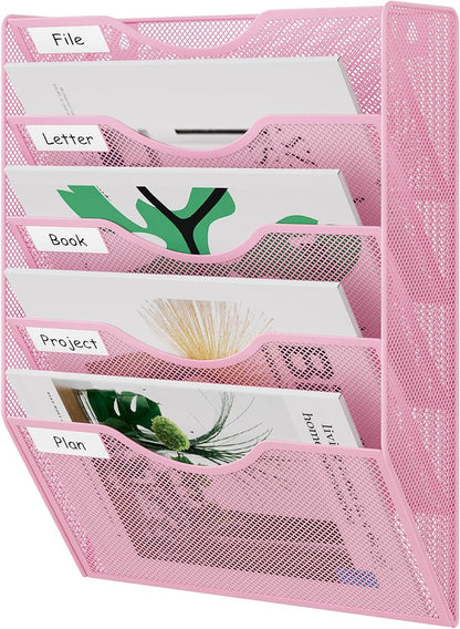 EasyPAG 5 Pocket Mesh Wall File Organizer with Key Hooks, Hanging Paper Folder Holder with Classify Label, Vertical Wall Mount Mail Organizer for Office Home Classroom, Black