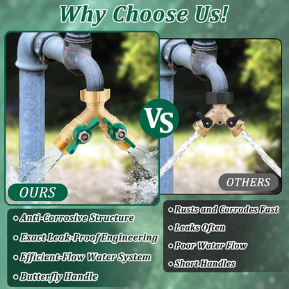 Garden Hose Splitter 2 Way, Heavy Duty Brass Hose Splitter, 3/4" GHT Hose Y Splitter with Shutoff, Full Flow Outdoor Faucet Splitter, Water Hose Y Valve Tap Adapter