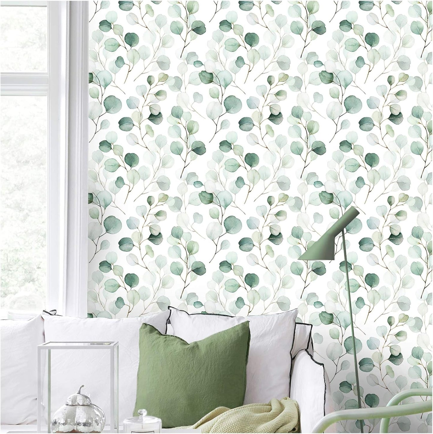 HAOKHOME Peel and Stick Wallpaper Boho Green/White Botanical Leaf Floral Wall Mural Home Nursery Decor Renter Friendly Wallpaper 17.3in x 9.8ft