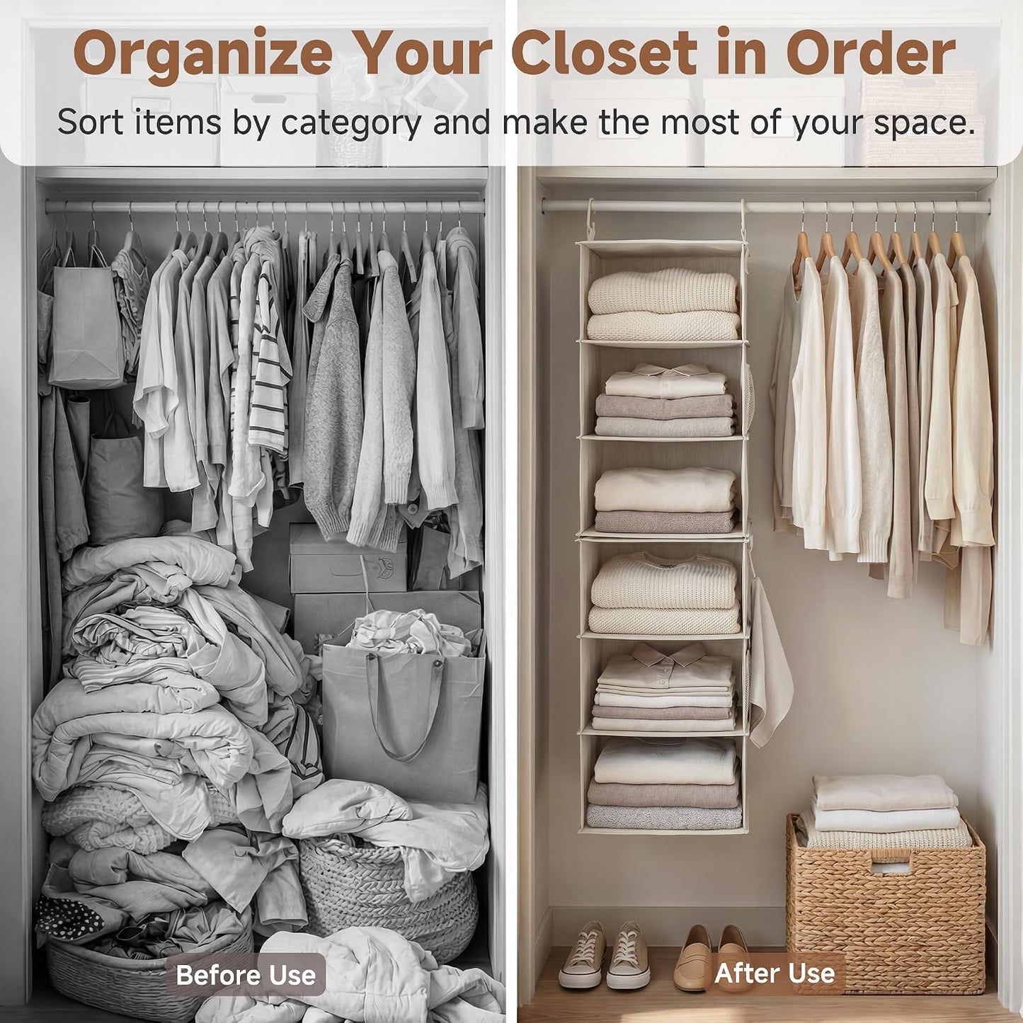 StorageWorks 6-Shelf Closet Organizers, Two 3-Shelf Separable Hanging Shelves for Closet, 12 1⁄2" D x 12 1⁄2" W x 47 ¼" H, Mixing of Beige, White & Ivory