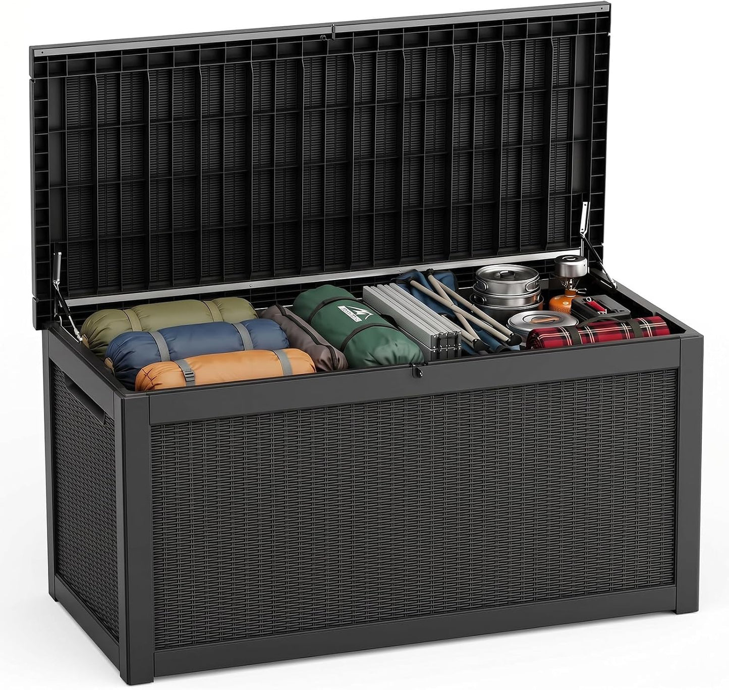 Waterproof Outdoor Storage Box Outside Deck Box Lockable Resin Bench UV Resistant Furniture Cushion Pool Tool Float Bin Patio Garden Porch (Black, 120 Gallon)