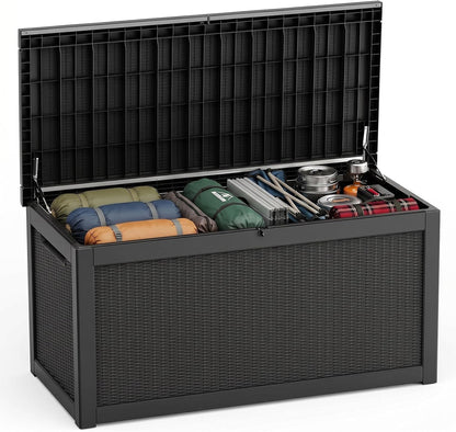 Waterproof Outdoor Storage Box Outside Deck Box Lockable Resin Bench UV Resistant Furniture Cushion Pool Tool Float Bin Patio Garden Porch (Black, 120 Gallon)