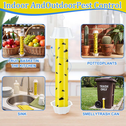 Qualirey 12 Pcs Sticky Fly Trap Fly Stick Indoor Outdoor Long Lasting Hanging Flies Bug Catcher Paper Tape Strips with Hook for Wasps Gnats Bug Insects Fruit Flies Mosquitoes (Stylish-3,Yellow)