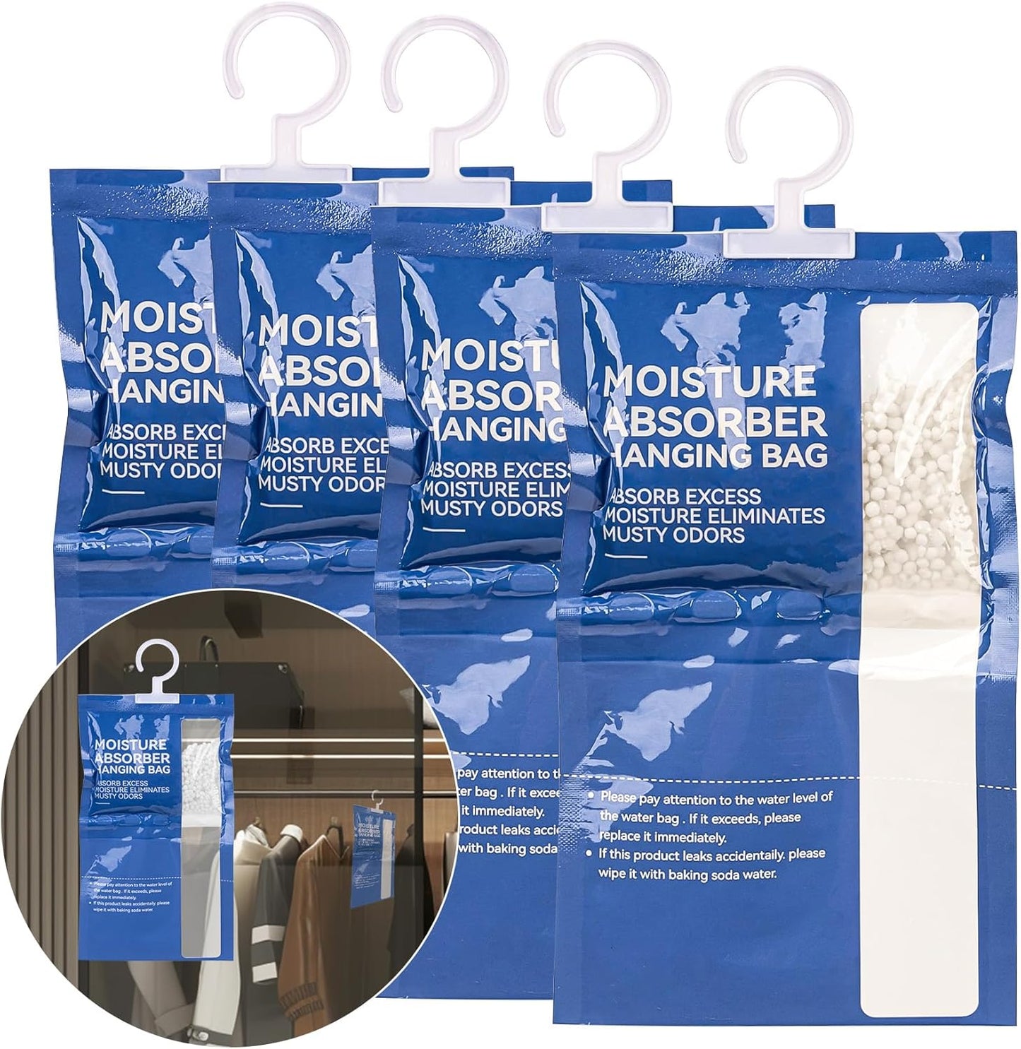 RAINFLOW Dehumidifier Bags Hanging Moisture Absorbers - 4 Packs Dehumidifiers for Home Closet Bathroom Basement, Hanging Bag Desiccant Packs for Bedroom RV Camper, Odor Absorber Household Essentials