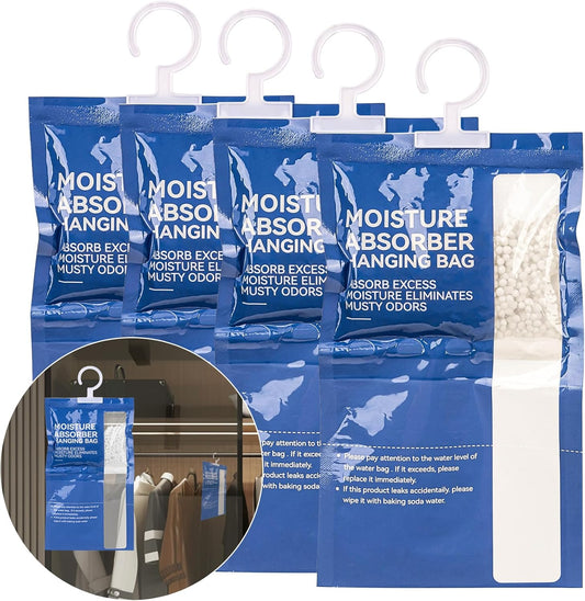 RAINFLOW Dehumidifier Bags Hanging Moisture Absorbers - 4 Packs Dehumidifiers for Home Closet Bathroom Basement, Hanging Bag Desiccant Packs for Bedroom RV Camper, Odor Absorber Household Essentials