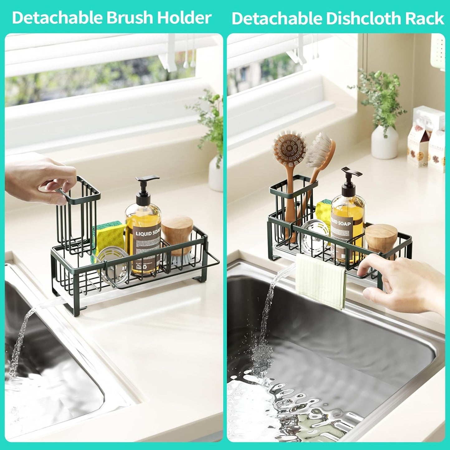 HapiRm Sponge Holder for Kitchen Sink - Self-draining Sink Caddy with Brush and Dishcloth Holders, Stainless Steel Kitchen Countertop Organizers and Storage Essentials - Black