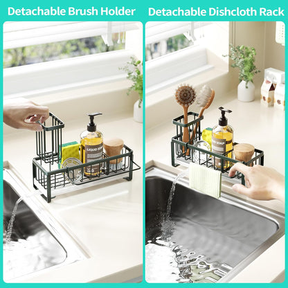 HapiRm Sponge Holder for Kitchen Sink - Self-draining Sink Caddy with Brush and Dishcloth Holders, Stainless Steel Kitchen Countertop Organizers and Storage Essentials - Black