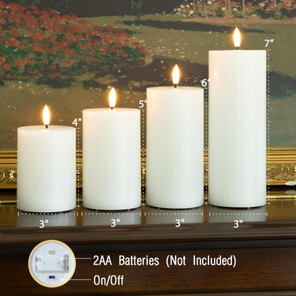 Flickering Flameless Candles, Real Wax Battery Operated Candles with Remote, Flat Top Led Flameless Pillar Candles for Home, Wedding, Party Decor, Set of 4, Φ 3" H 4" 5" 6" 8", Ivory
