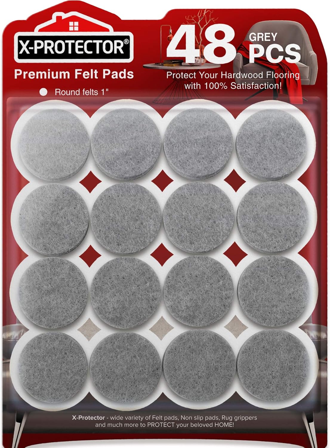Felt Furniture Pads X-PROTECTOR - 48 Premium Floor Protector Chair Felts for Feet Wood Floors Best Hardwood Protect Your Hard Floors! (Brown)