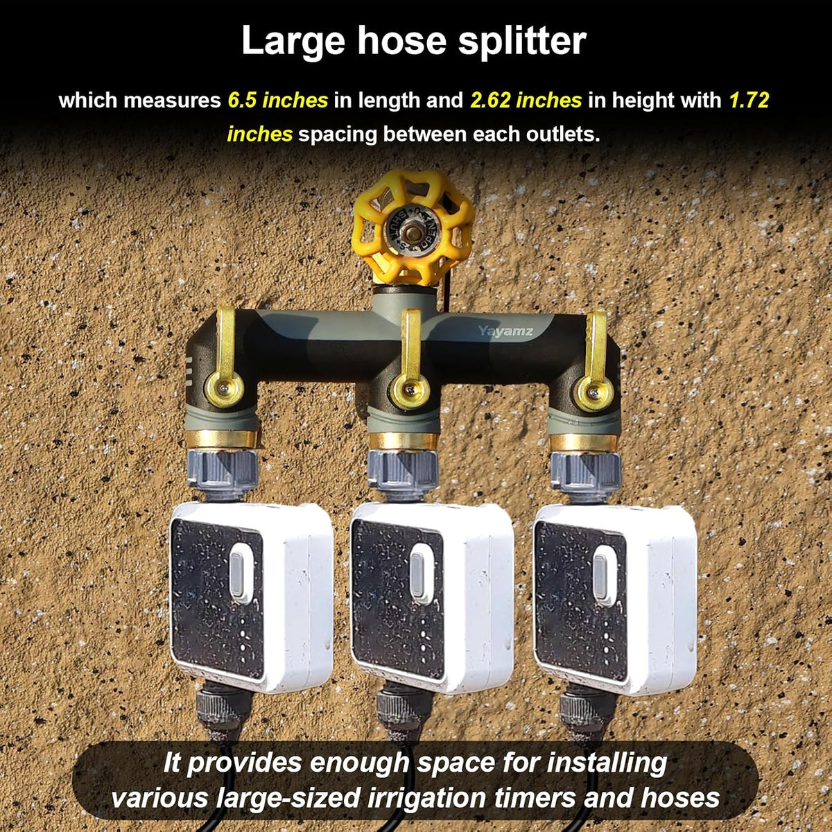 3 Way Garden Hose Splitter, High Flow Outdoor Faucet Splitter with 3 Independent Shut Off Valves, Wide Spacing for Timers, Standard 3/4" GHT for Lawn Yard Garden Watering