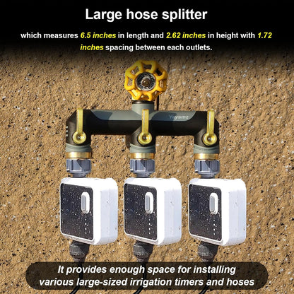 3 Way Garden Hose Splitter, High Flow Outdoor Faucet Splitter with 3 Independent Shut Off Valves, Wide Spacing for Timers, Standard 3/4" GHT for Lawn Yard Garden Watering