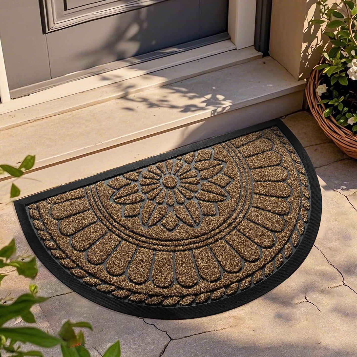 Mibao Front Door Mat Indoor Outdoor Entrance, Semicircular Entrance Mat, Half Round Waterproo Non-Slip Durable Rubber Door Mats, Low Profile Heavy Duty Doormat for Garage, Patio, 30" x 18", Yellow