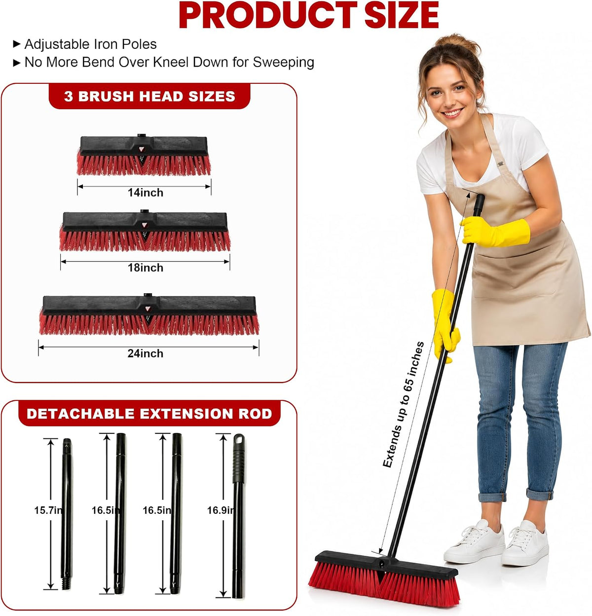 24" Outdoor Push Broom with 65" Extendable Pole, Heavy Duty Stiff Bristle for Floor Cleaning, Patio, Deck, Driveway, Garage, Yard, Warehouse Sweeping (Red, 18" Brush Head)