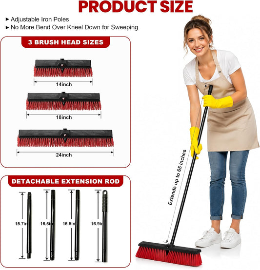 24" Outdoor Push Broom with 65" Extendable Pole, Heavy Duty Stiff Bristle for Floor Cleaning, Patio, Deck, Driveway, Garage, Yard, Warehouse Sweeping (Red, 18" Brush Head)