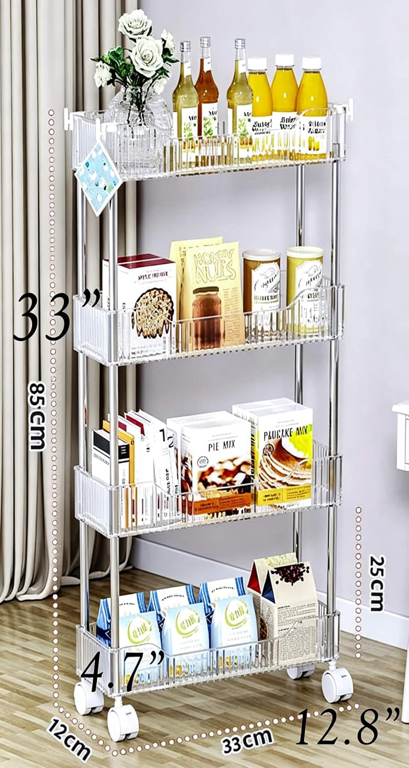 4-Tier Plastic Rolling Utility Cart with Wheels, Multifunctional Storage Organizer Cart for Home, Office, Kitchen & Bathroom, Ultra Narrow & Clear, 4.7”W * 12.8”L * 33”H