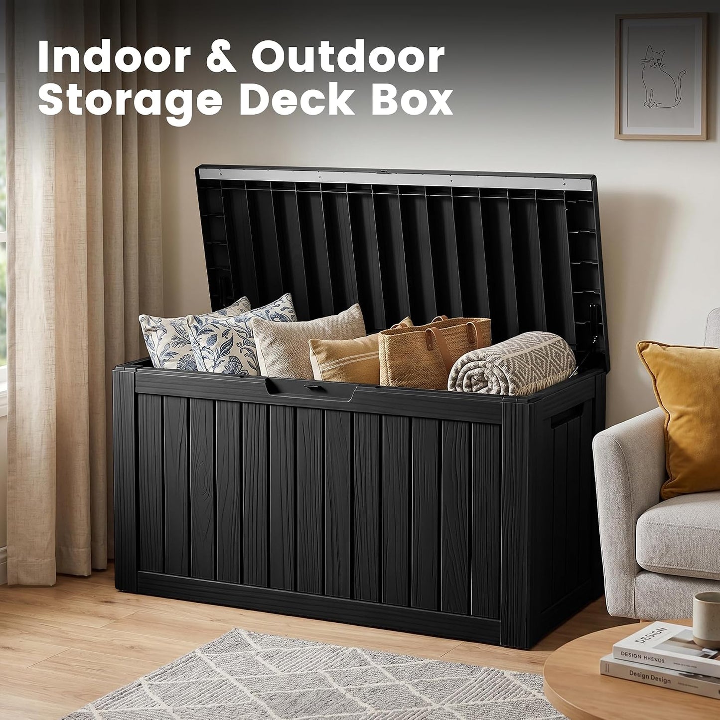 100 Gallon Storage Box, Waterproof Resin Deck Box with Hydraulic Piston Design, Lockable Storage Bench for Package Delivery, Storage Bin for Patio Cushions, Garden Tools, Black