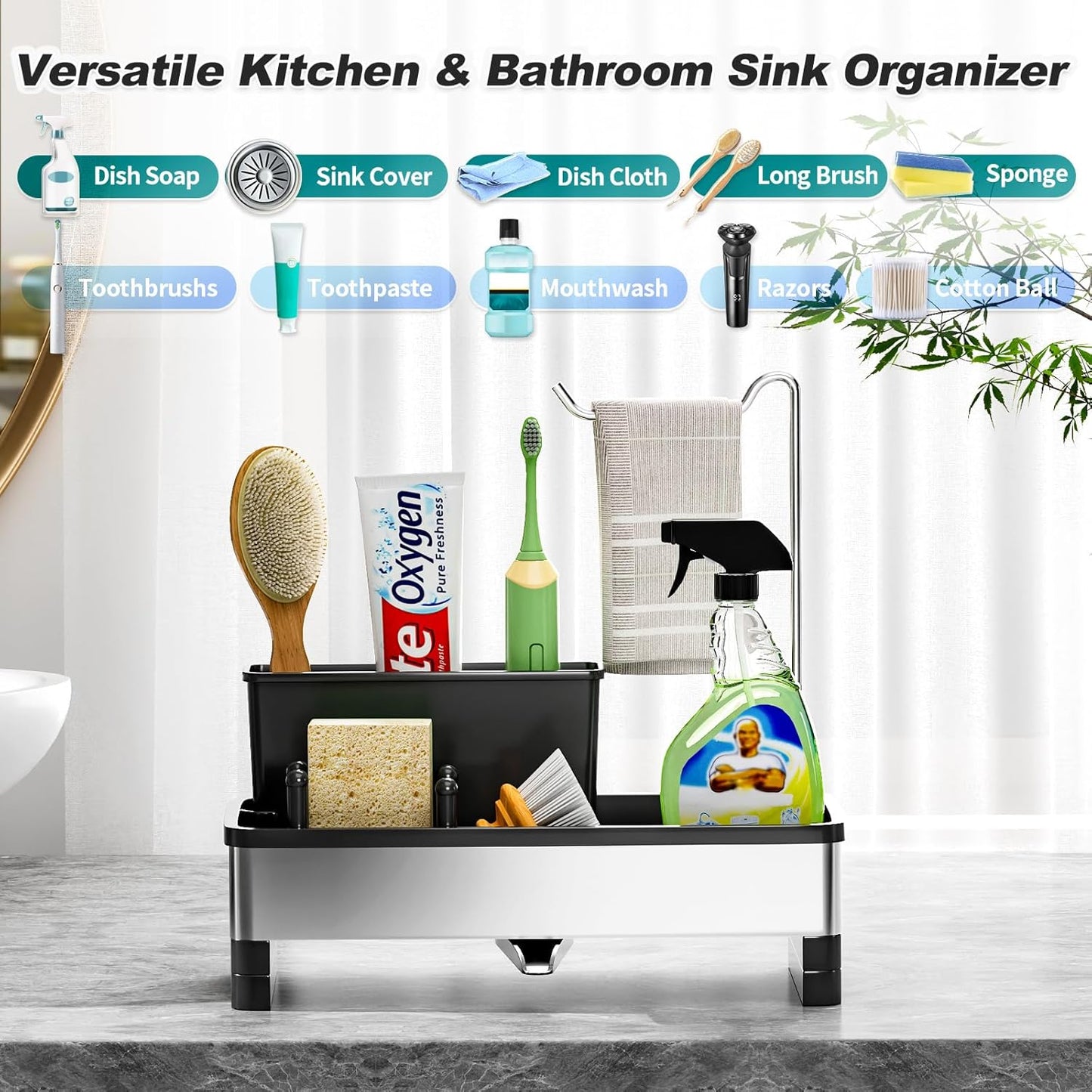 Ewaiira Stainless Steel Sink Caddy, Sponge Holder for Kitchen Sink with Brush Holder and Towel Rack, Sink Organizer for Countertop, Soap Dispenser Kitchen Organizers Storage Essentials (A-Black)