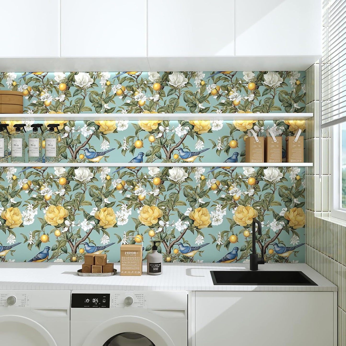 Danodoi Yellow Floral Wallpaper Peel and Stick Vinyl Wallpaper Stick and Peel Colorful Contact Paper for Cabinets Waterproof Self Adhesive Wall Paper for Kitchen Countertop Wall 17.5" x 118"