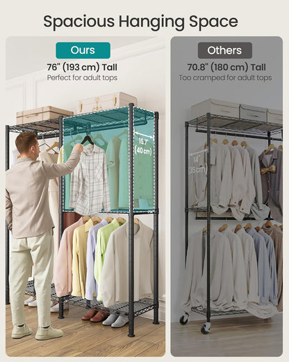 SONGMICS Heavy-Duty Clothes Rack, Garment Rack, Portable Closet, 68.7-Inch Wide Clothing Rack with Adjustable Mesh Shelves and Hanging Rails, Ink Black ULGR433B01