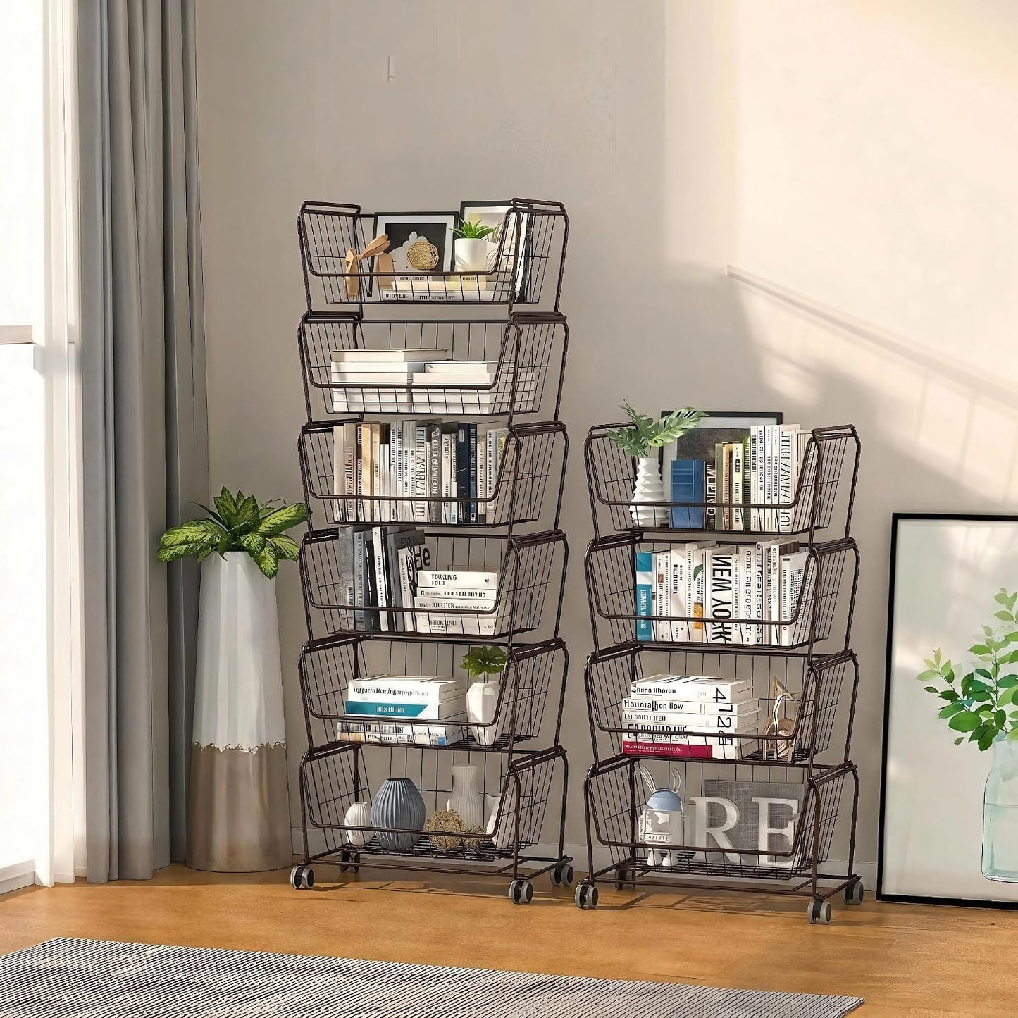 PUSDON 6-Tier Tall Stackable Wire Storage Baskets with Wheels, Vertical Metal Rolling Utility Cart, High Capacity Produce Basket for Kitchen Pantry, Snack Organizer, Matte Black
