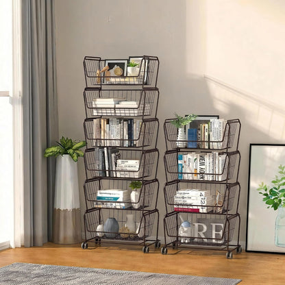 PUSDON 6-Tier Tall Stackable Wire Storage Baskets with Wheels, Vertical Metal Rolling Utility Cart, High Capacity Produce Basket for Kitchen Pantry, Snack Organizer, Matte Black