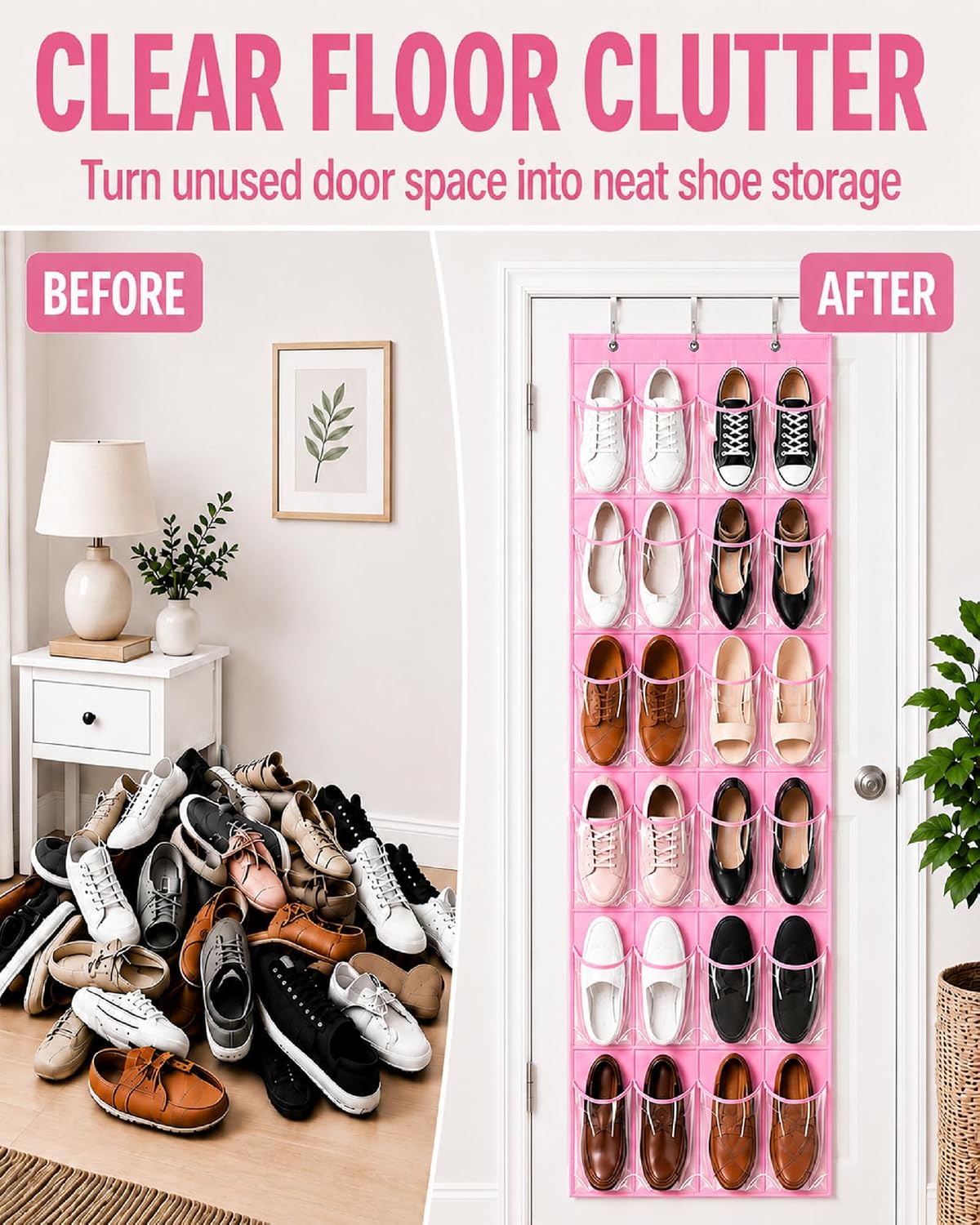 Over the Door Shoe Organizer with 24 Crystal Clear Pockets and Metal Hooks – Heavy Duty Hanging Shoe Storage Rack for Closet, Bathroom, Dorm – Space Saving for Shoes, Accessories, Toys (White)