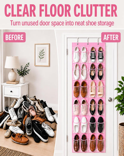 Over the Door Shoe Organizer with 24 Crystal Clear Pockets and Metal Hooks – Heavy Duty Hanging Shoe Storage Rack for Closet, Bathroom, Dorm – Space Saving for Shoes, Accessories, Toys (White)