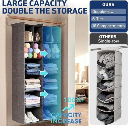 Ofiray-home 6 Tier Hanging Closet Organizer, 16 Compartments Sweater Organizer for Closet with 3 Sturdy Hooks, Closet Organizers and Storage, Wardrobe, Rv, Garment Rack, Grey