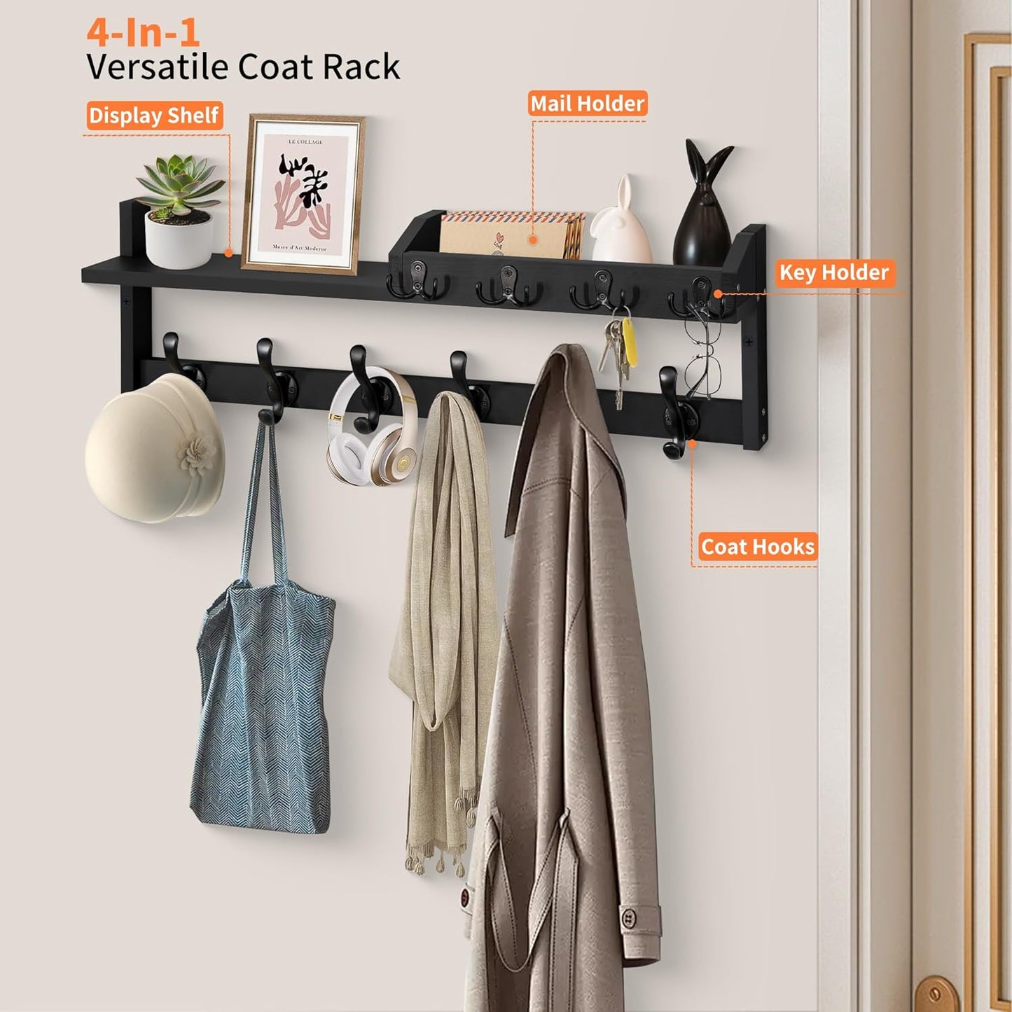 Coat Rack Wall Mount with Shelf, 27.5" Entryway Wall Hanging Shelf, Coat and Key Hanger with 10 Dual Hooks, Mail Organizer and Key Holder Hat Rack for Wall, Wood Coat Hooks with Storage