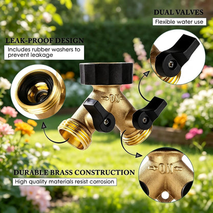 Brass Hose Splitter 2 Way, Heavy Duty Garden Hose Splitter with Shut Off Valves, Y Connector Hose Adapter, No Leak, Includes Washers & Teflon Tape – Dalmbox
