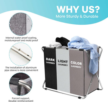135L Laundry Cloth Hamper Sorter Basket Bin Foldable 3 Sections with Aluminum Frame 26''×24''H Washing Storage Dirty Clothes Bag for Bathroom Bedroom Home Storage Basket (Black+light grey+dark grey, 3