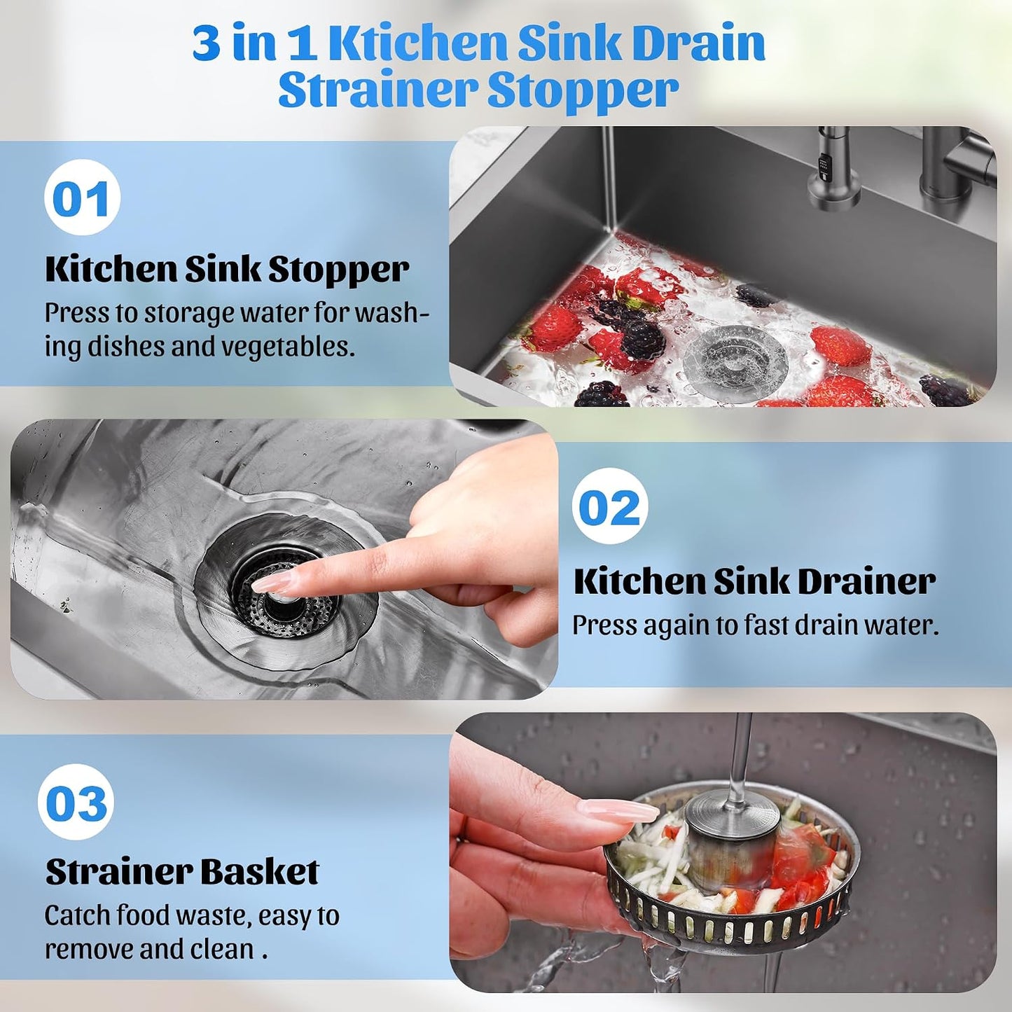 NinjaTiger Kitchen Sink Drain Strainer - 3-in-1 Stainless Steel Pop Up Sink Stopper Anti-Clogging Sink Strainer Basket Sink Drainer Filter Plug for US Standard 3-1/2'' Sink Drain | Gunmetal Gray