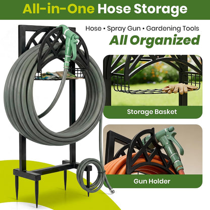 Oriva Garden Hose Holder Stand, Freestanding Water Hose Holder for Outside, Heavy Duty Rust-Resistant Metal Hose Hanger w/ 4-Spike Base, Holds upto 160ft, Outdoor Hose Storage for Yard, Lawn & Garden
