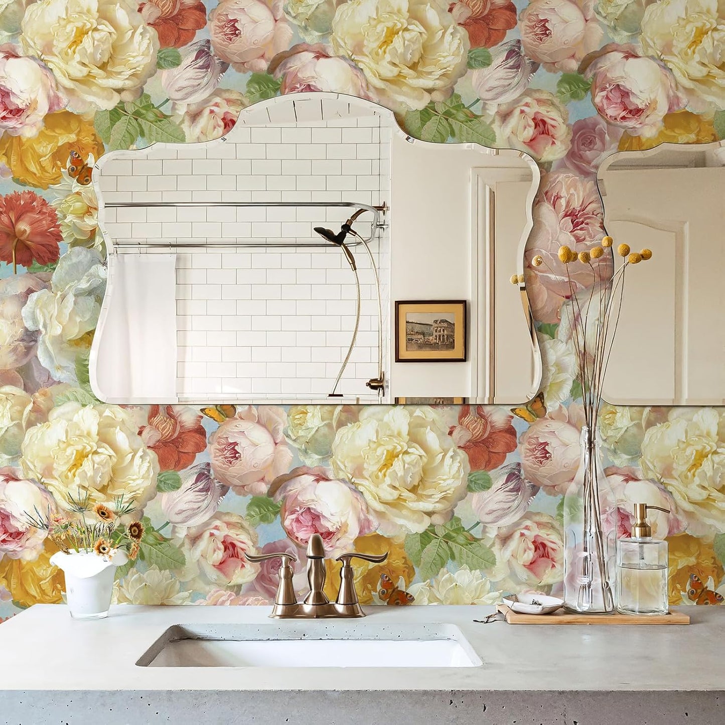 Simon&Siff Floral Peel and Stick Wallpaper 17.3"x80" Pink Watercolor Flowers Wall Murals Removable Wall Paper for Bedroom Bathroom Cabinet Renter Friendly
