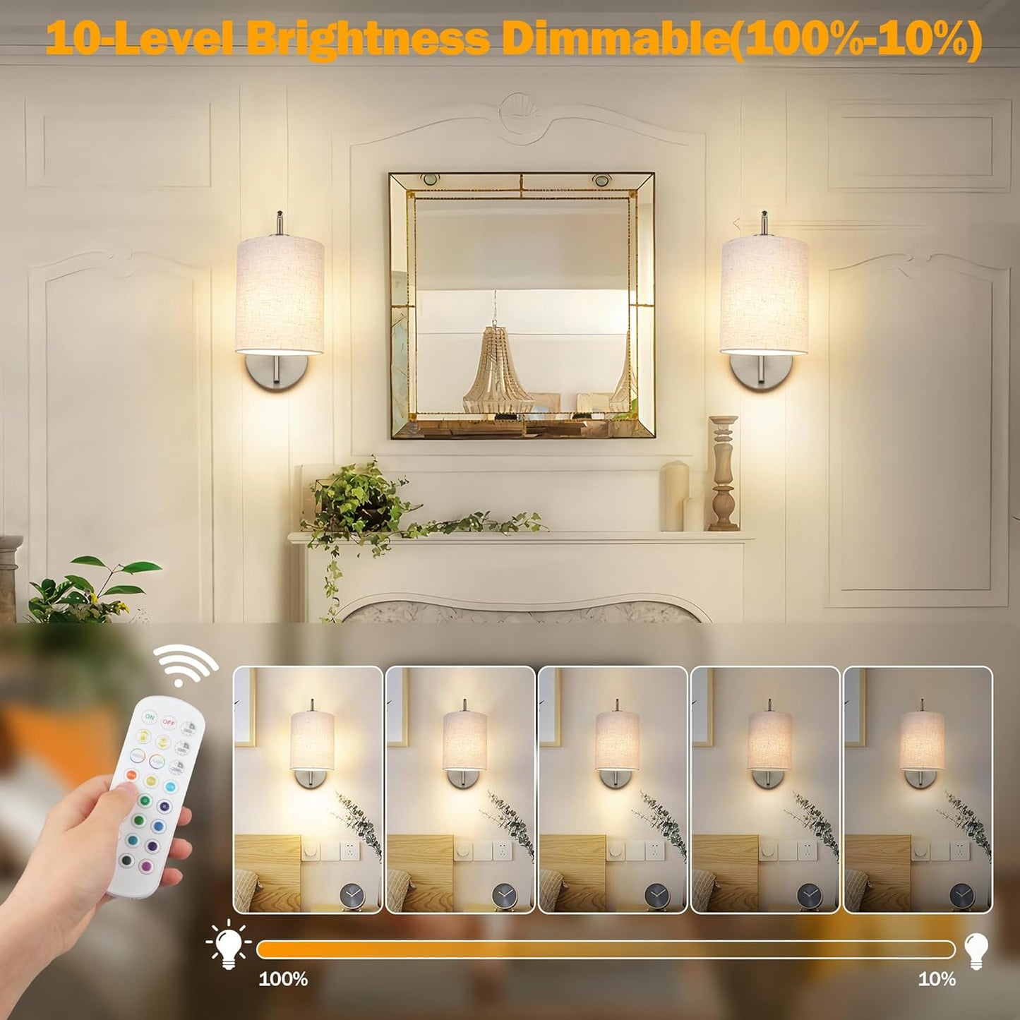 MATAMEYE Battery Operated Wall Sconce Set of 2, Black Rechargeable Wireless Wall Light Fixture with Remote, 12 RGB Colors & Timer, Indoor Dimmable Wall Lamp with Linen Shade
