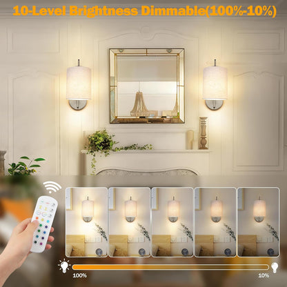 MATAMEYE Battery Operated Wall Sconce Set of 2, Black Rechargeable Wireless Wall Light Fixture with Remote, 12 RGB Colors & Timer, Indoor Dimmable Wall Lamp with Linen Shade