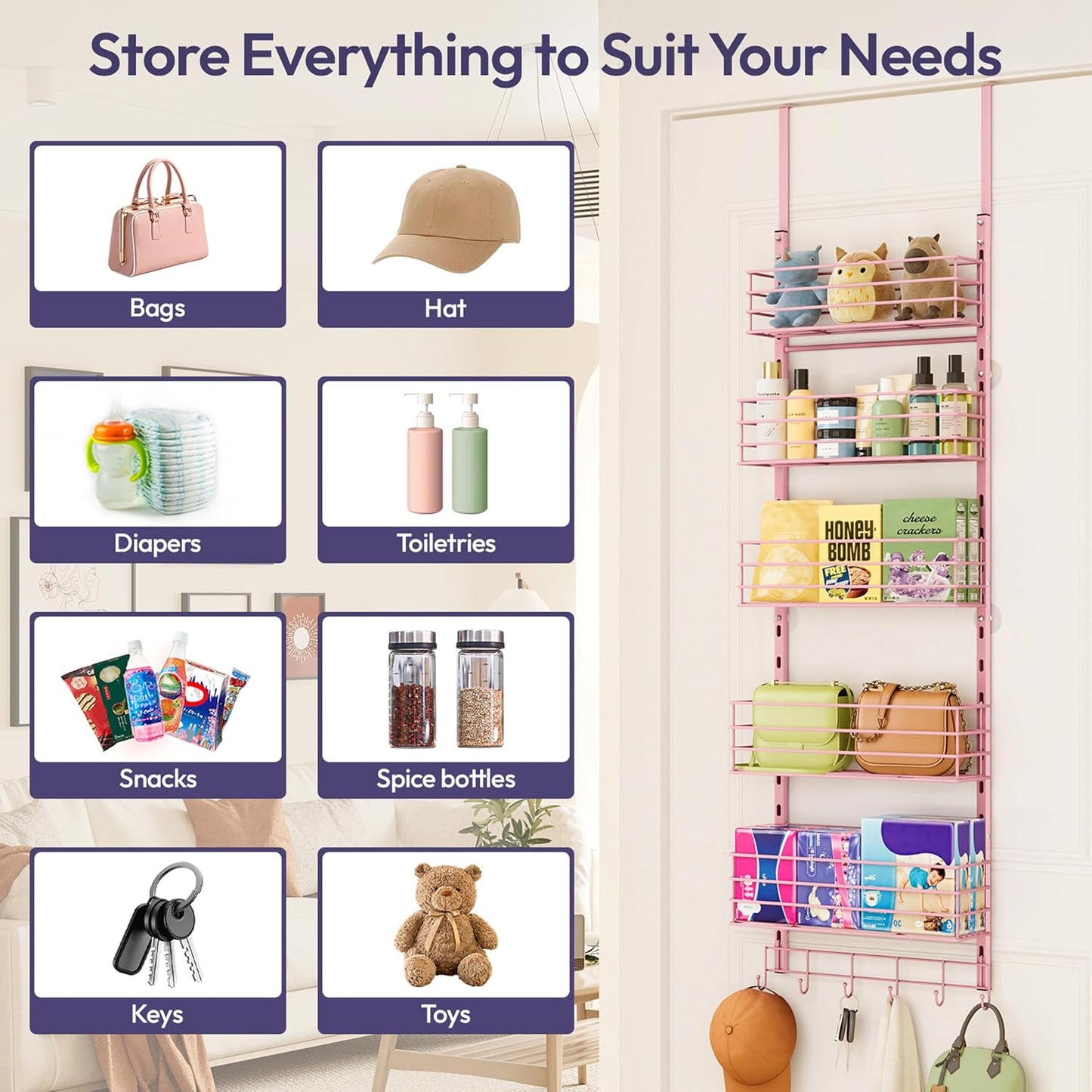 SWTYMIKI Over The Door Organizer - Door Organizer Hanging with 5 Adjustable Metal Large Capacity Basket and 6 Coat Hook, Wall Mounted Shelf for Bedroom Closet Bathroom Laundry Pantry Cabinet Kitchen