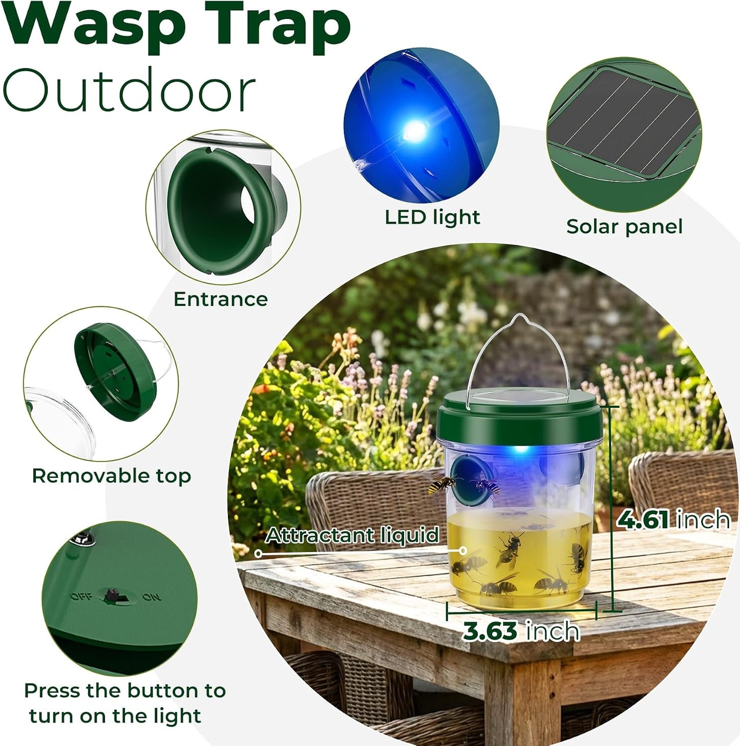 Wasp Traps Outdoor Hanging 4 Packs, Solar Powered Hornet Catcher for Outside Patio Backyard Camping, New Upgrade Carpenter Bee Insect Yellow Jacket Trap with LED Light