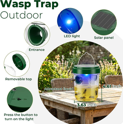 Wasp Traps Outdoor Hanging 4 Packs, Solar Powered Hornet Catcher for Outside Patio Backyard Camping, New Upgrade Carpenter Bee Insect Yellow Jacket Trap with LED Light