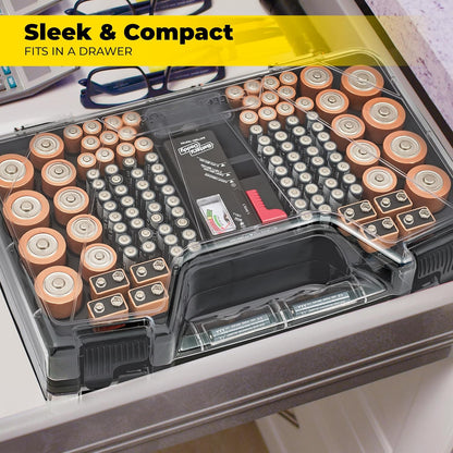 Battery Daddy Storage & Organizer Case with Tester, Stores & Protects Up to 180 Batteries, Double-Sided, Clear Locking Lid, Secure Latches & Portable Carrying Handle - White (Batteries Not Included)