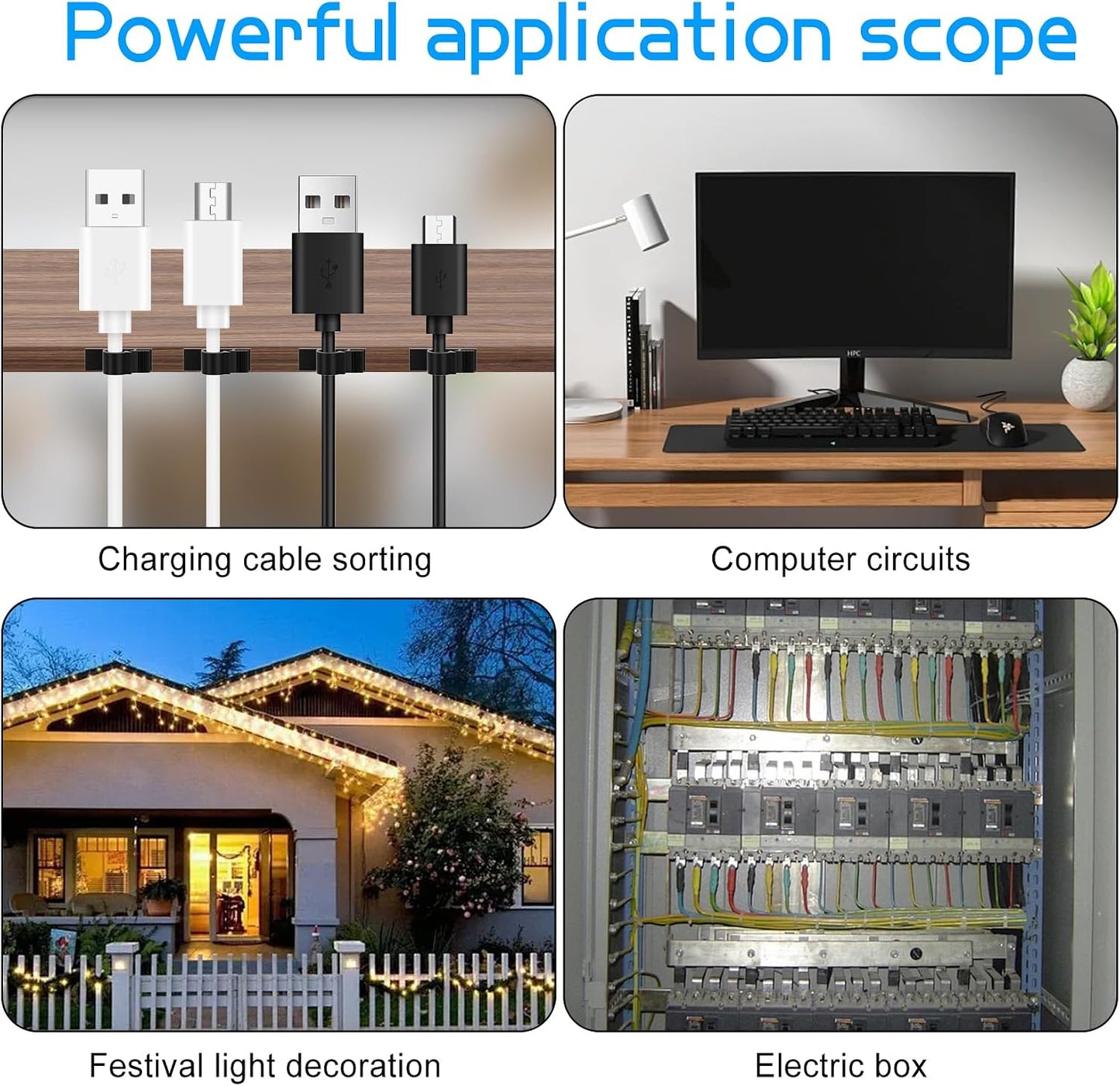 XHF 100pcs Adhesive Cable Wire Clips Black, Outdoor Cable Management Wire Organizer Cord Holder for Under Desk, Car, Wall, TV PC Ethernet Cable