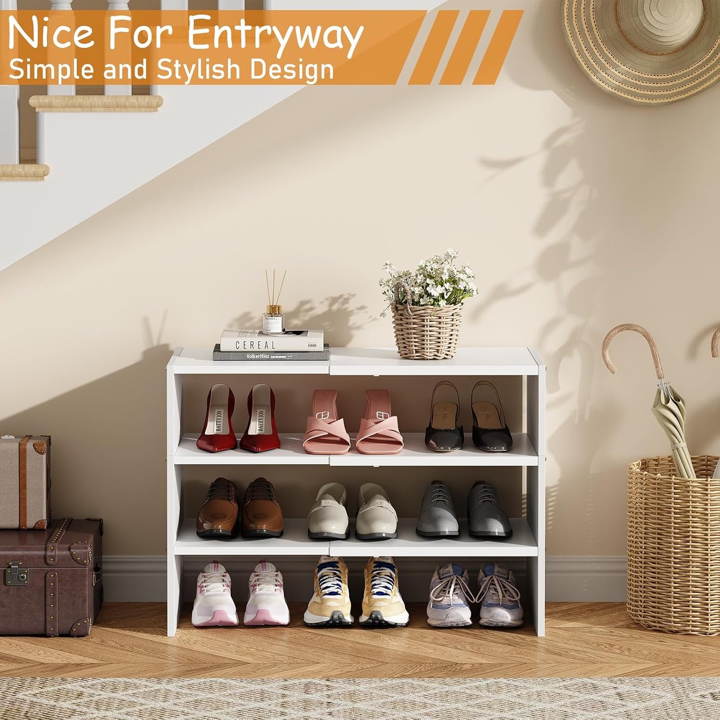 3-Tier Expandable White Shoe Rack Organizer for Closet, Stackable Shoe Racks Storage Shelf, Small Metal Wood Combination Shoe Shelves for Closets,Entryway,Front Door, Narrow Space,Hallway,8-16 Pairs