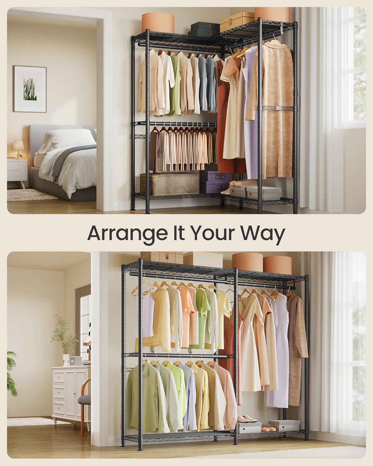 SONGMICS Heavy-Duty Clothes Rack, Garment Rack, Portable Closet, 68.7-Inch Wide Clothing Rack with Adjustable Mesh Shelves and Hanging Rails, Ink Black ULGR433B01